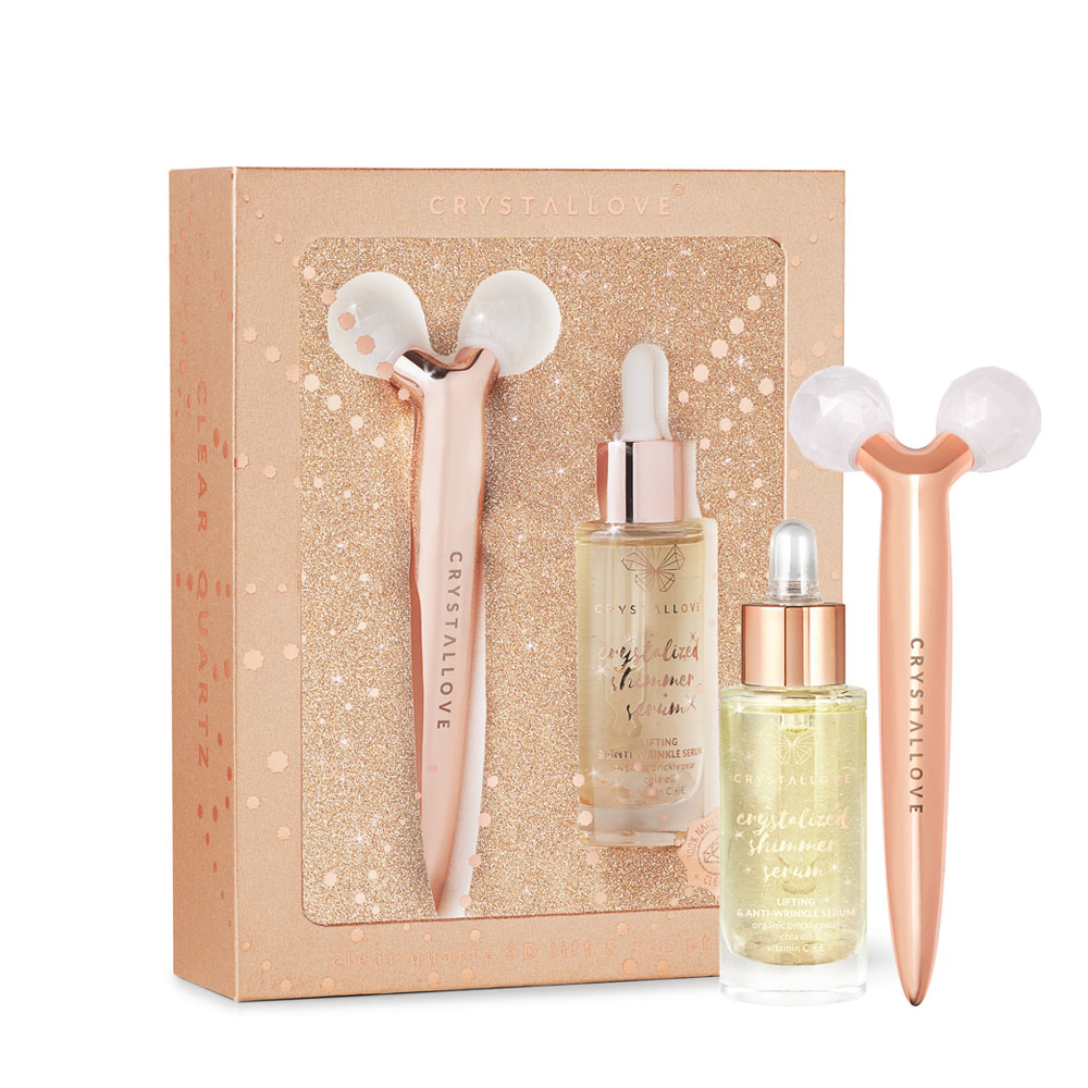 Crystallove Golden Collection zestaw: masażer liftingujący, 1 szt. + serum z kryształem górskim limited edition, 30 ml