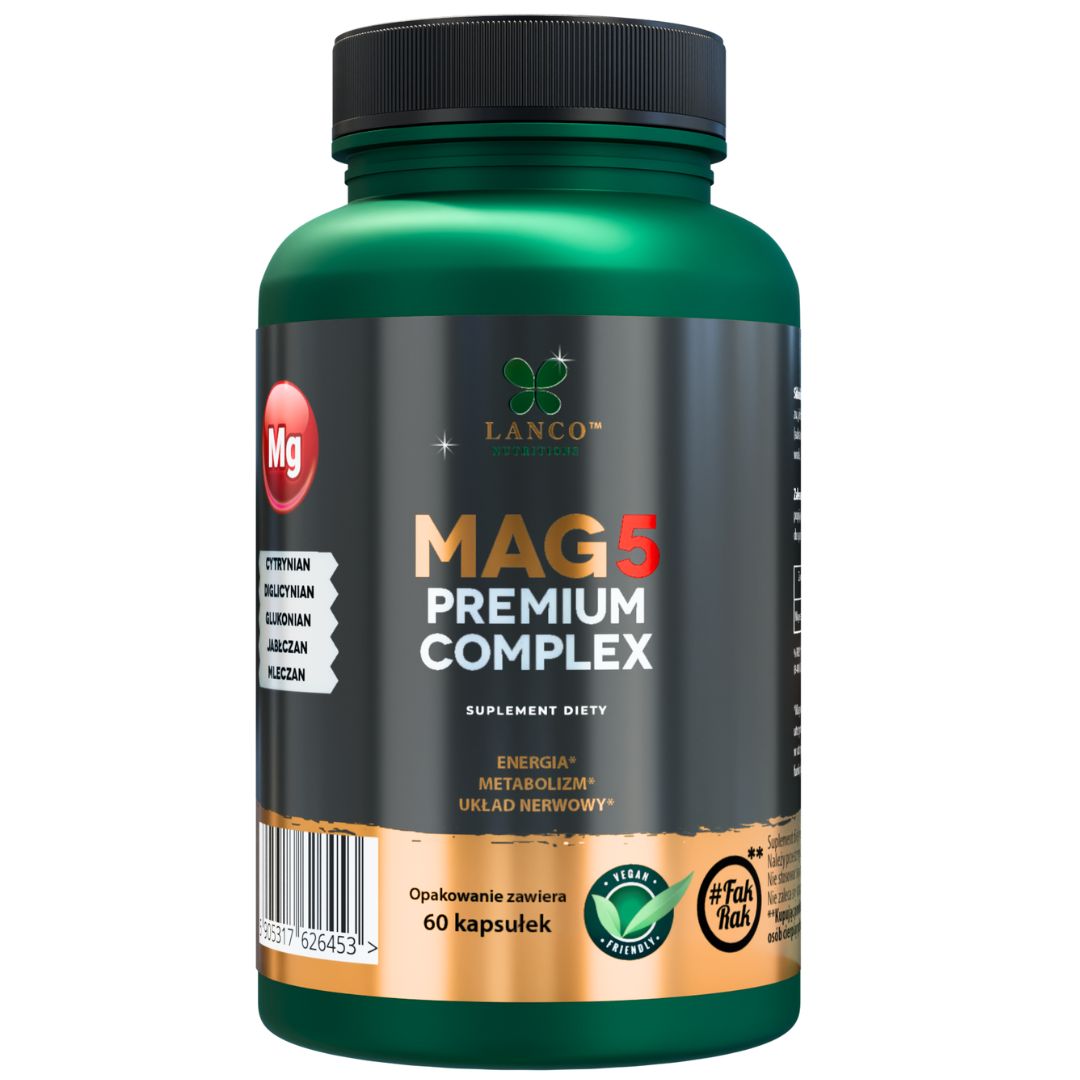 Lanco Nutritions Mag5 Premium Complex suplement diety, 5 najlepszych form magnezu - Cytrynian, Diglicynian, Glukonian, Jabłczan, Mleczan, 60 kaps./...