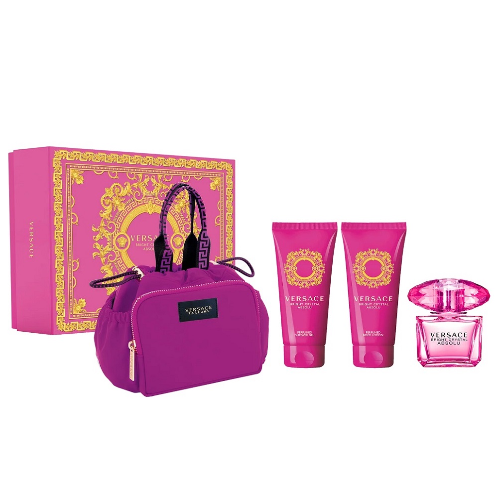 Versace Bright Crystal Absolu zestaw: woda perfumowana damska, 90 ml + balsam do ciała, 100 ml + żel pod prysznic, 100 ml + torba kosmetyczna, 1 szt.