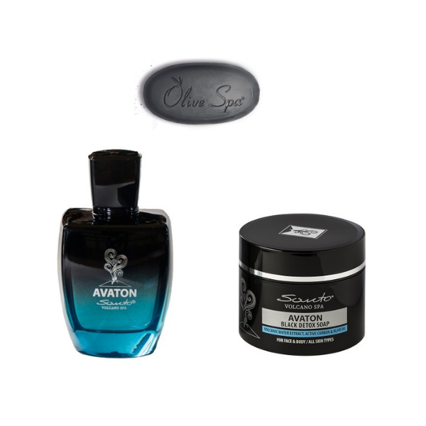 Santo Volcano Spa Avaton zestaw: woda perfumowana, 100 ml + oczyszczające czarne mydło, 100 ml + czarne mini mydło do twarzy i ciała, 25 g