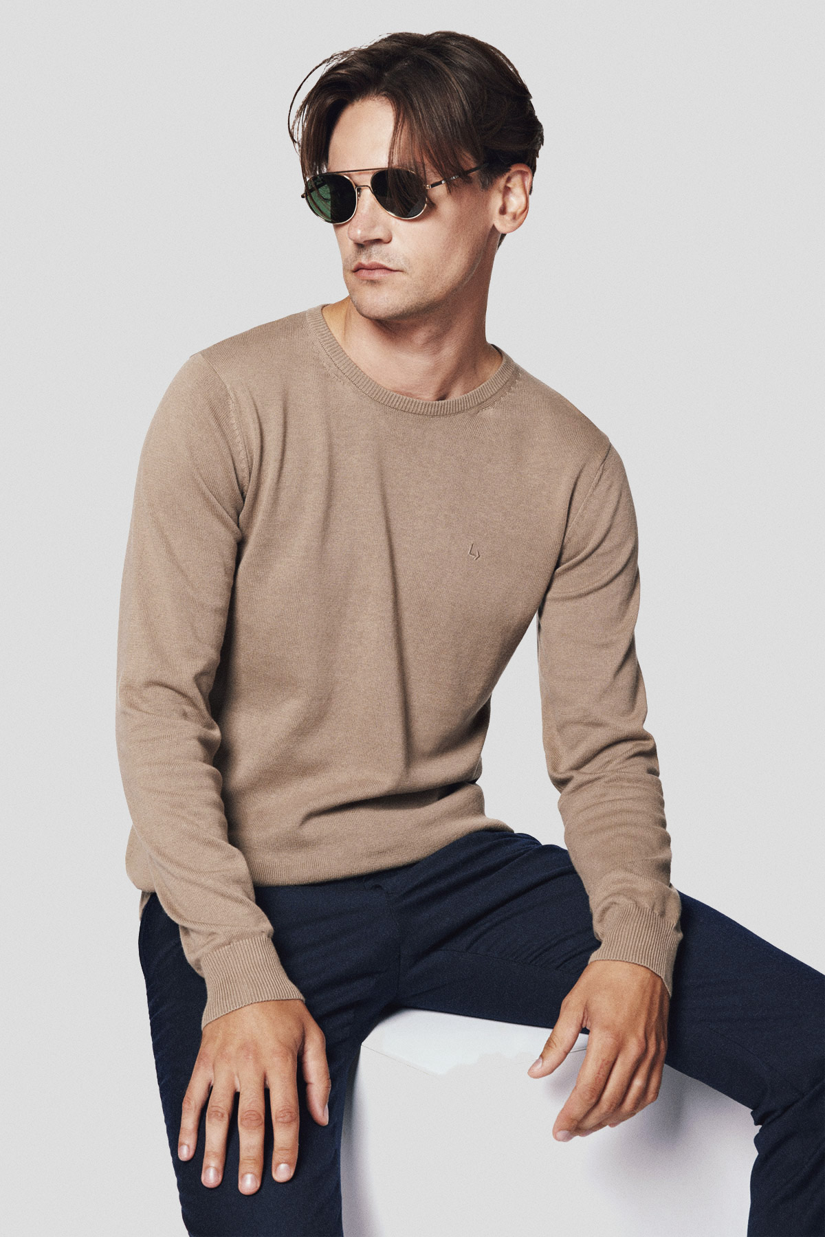 Lancerto Sweter Ciemnobeżowy z Bawełną Gładki Tony