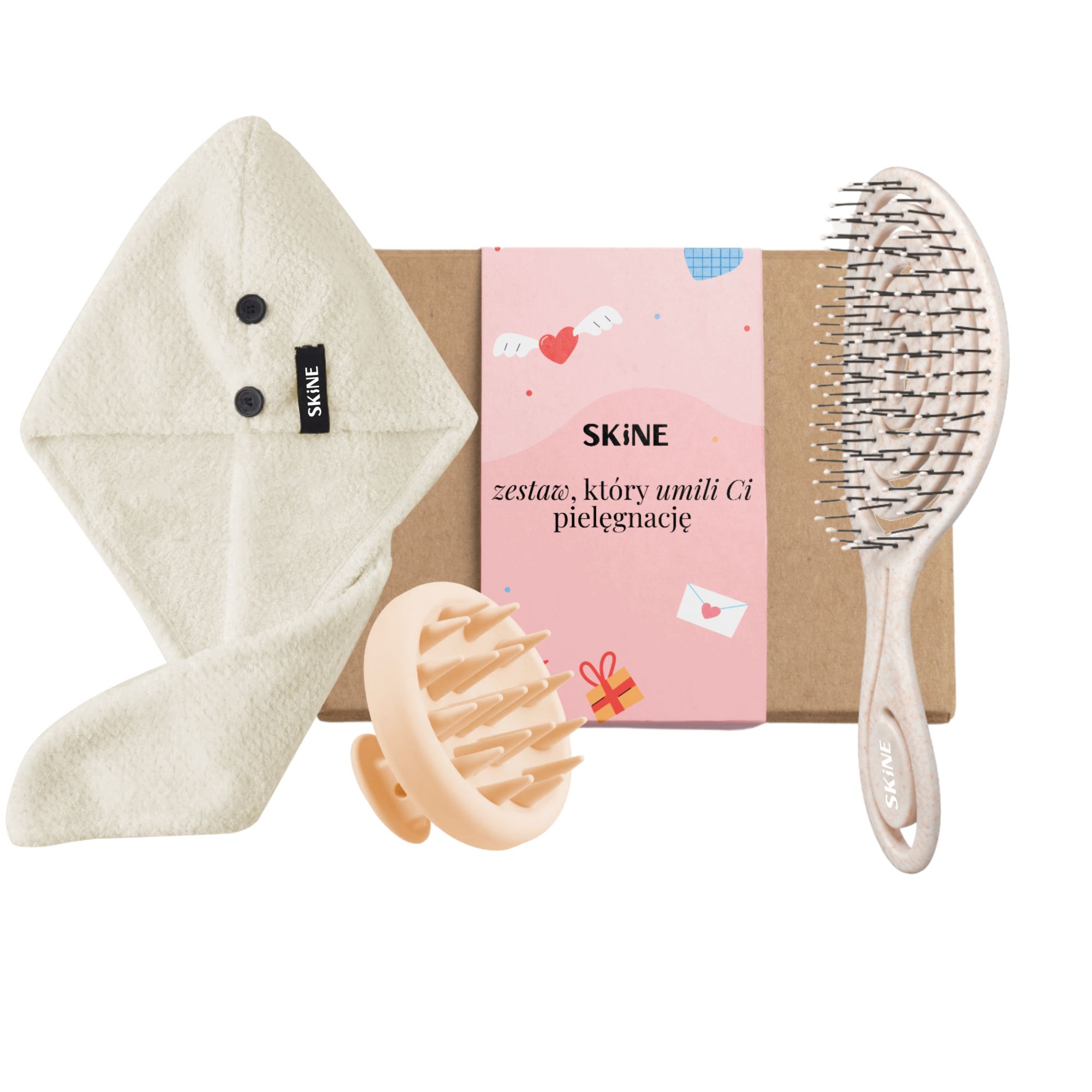Skine zestaw świąteczny beżowy: szczotka do włosów, 1 szt. + masażer skóry głowy, 1 szt. + turban, 1 szt.