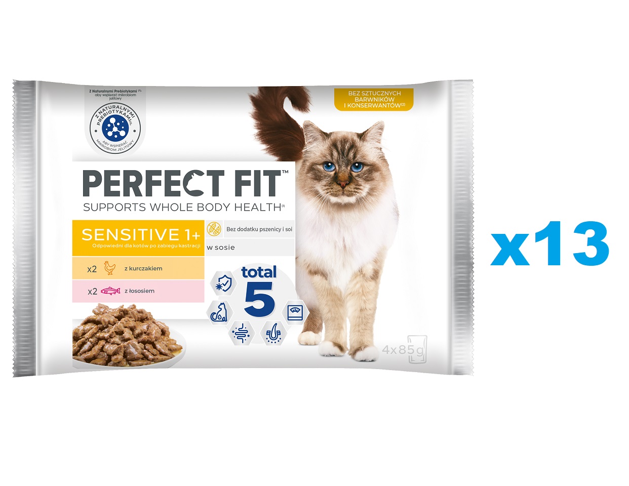 PERFECT FIT Sensitive 1+ saszetki 52x85 g mokra karma pełnoporcjowa dla dorosłych kotów, w sosie z kurczakiem, z łososiem