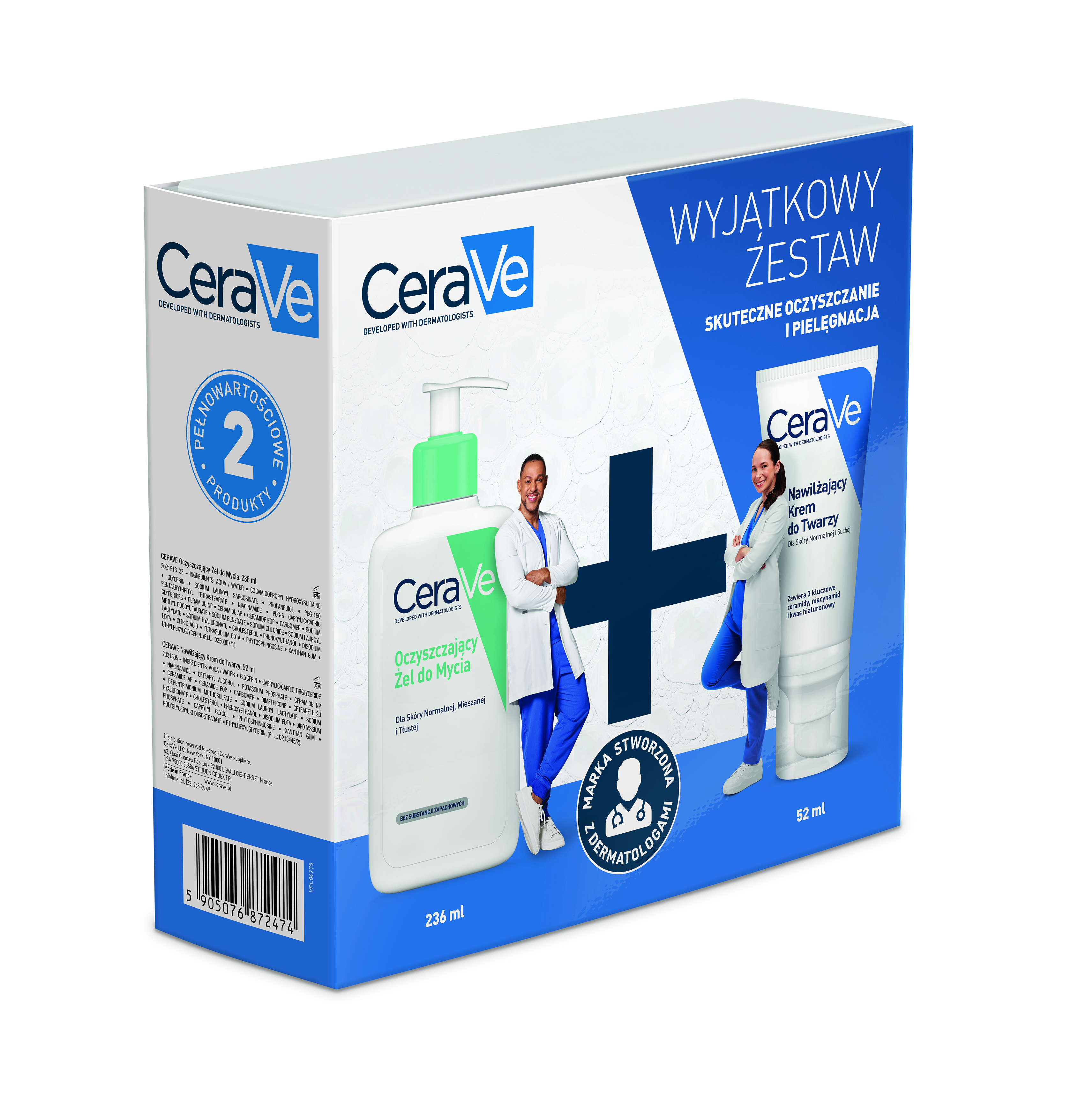 CeraVe zestaw: oczyszczający żel do mycia, 236 ml + nawilżający krem do twarzy z ceramidami, 52 ml