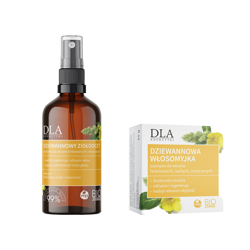 Kosmetyki DLA zestaw: dziewannowa włosomyjka szampon w kostce do włosów suchych, zniszczonych, farbowanych, 35 g + dziewannowy ziołoocet płukanka d...