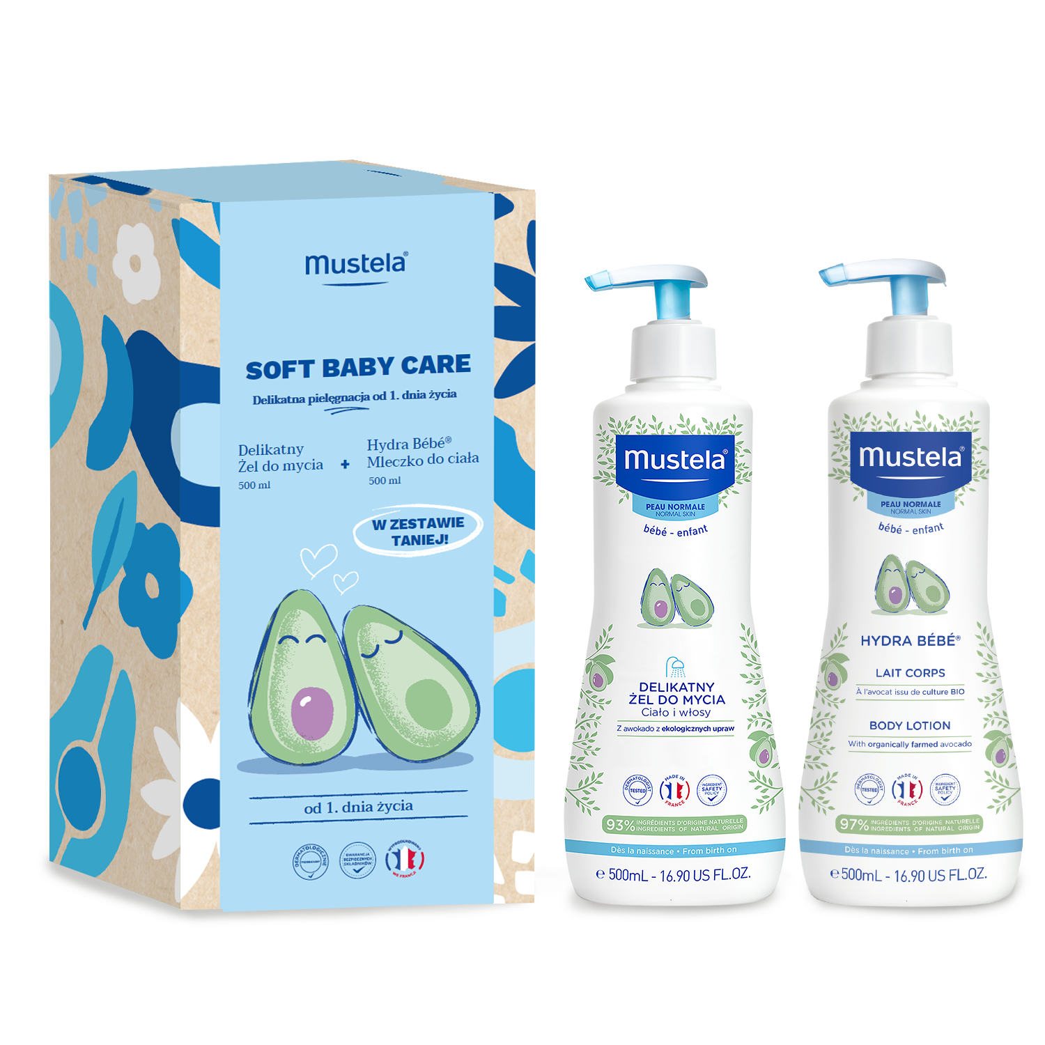 Mustela Soft Baby Care zestaw: żel do mycia ciała dla dzieci, 500 ml + mleczko do ciała dla dzieci, 500 ml