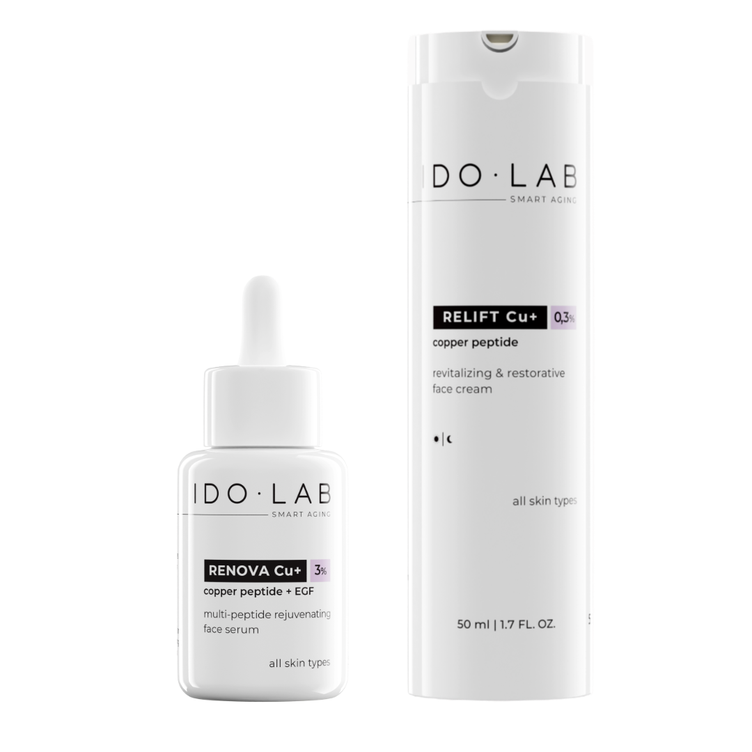 Ido Lab RENOVA Cu+ RELIFT Cu+ zestaw: odmładzające serum do twarzy, 30 ml +  krem rewitalizująco-regenerujący z peptydem miedziowym 0,3% , 50 ml