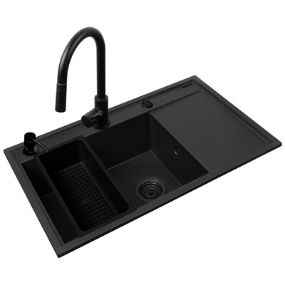 Zlewozmywak jednokomorowy z ociekaczem PYRAMIS Camea 1B1D L Czarny 50x79 + bateria + wkładka ociekowa + dozownik