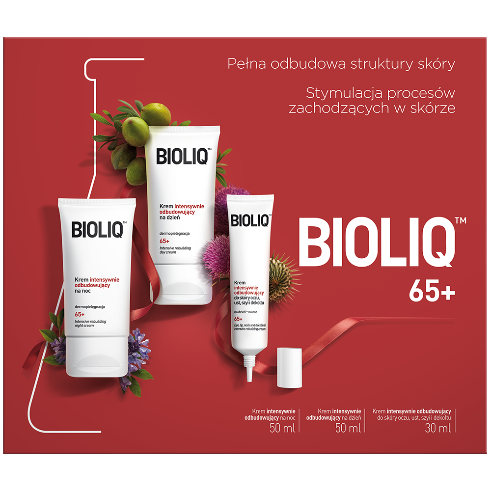 Bioliq 65+ zestaw: krem do twarzy na dzień, 50 ml + krem do twarzy na noc, 50 ml + krem do skóry oczu, ust, szyi i dekoltu, 30 ml