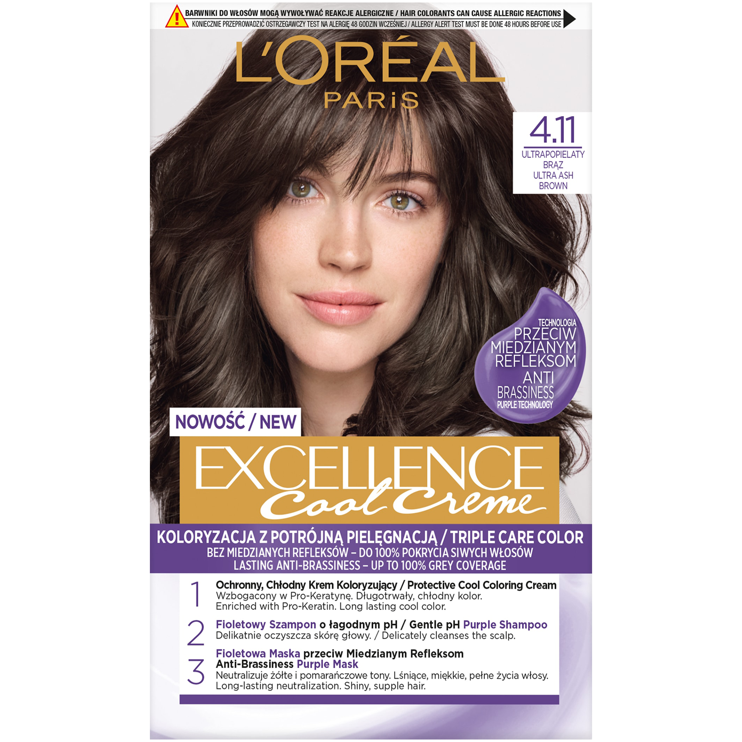L'Oréal Paris Excellence Cool Creme farba do włosów 4.11 ultrapopielaty brąz, 1 opak.