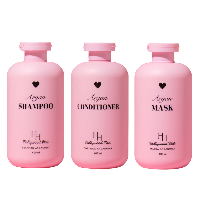 Hollywood Hair zestaw arganowy do włosów nawilżenie i wygładzenie: szampon, 400 ml + odżywka, 400 ml + maska, 400 ml