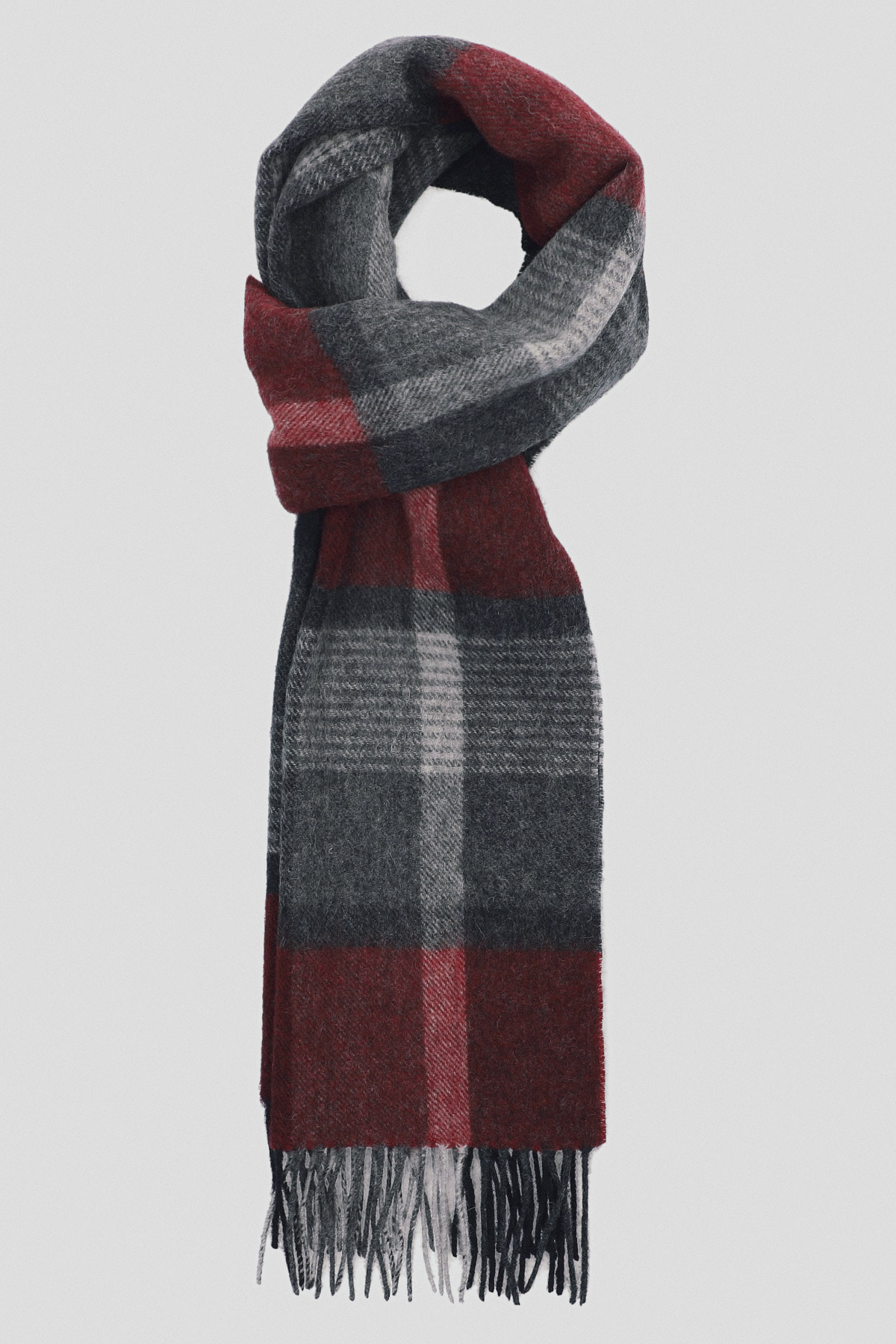 Lancerto Szal Wełniany Bordowo-Szary w Kratę