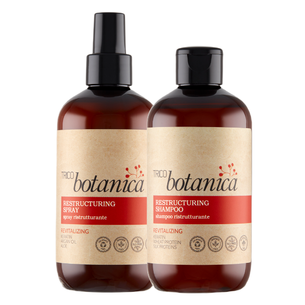 Trico Botanica Odbudowa zestaw: szampon, 250 ml + spray bez spłukiwania odbudowa z keratyną dla włosów zniszczonych, 250 ml