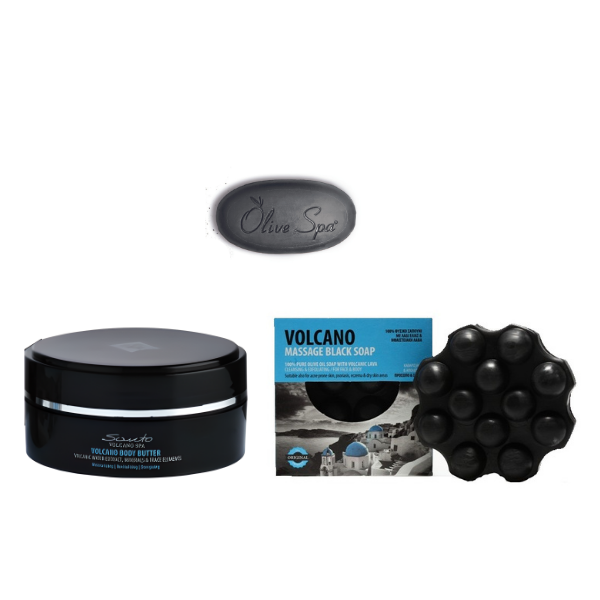 Santo Volcano Spa zestaw naturalnych kosmetyków na prezent: czarne mydło do masażu, 110 g + nawilżające mini masło do ciała, 50 ml + czarne mini my...
