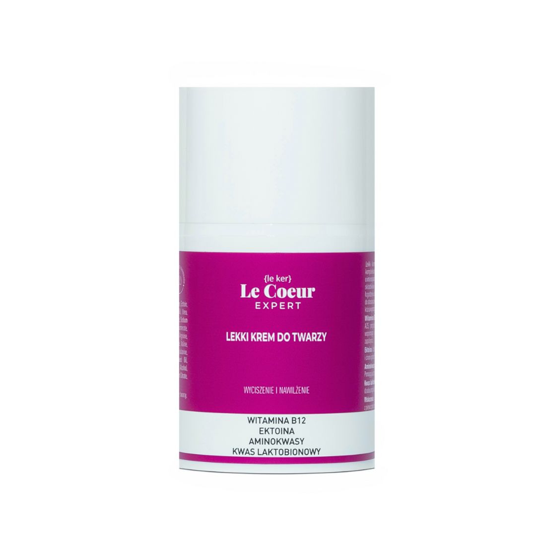 Le Coeur Expert lekki krem do twarzy z witaminą B12, ektoiną 3%, kwasem laktobionowym i aminokwasami wyciszenie i nawilżenie, 50 ml