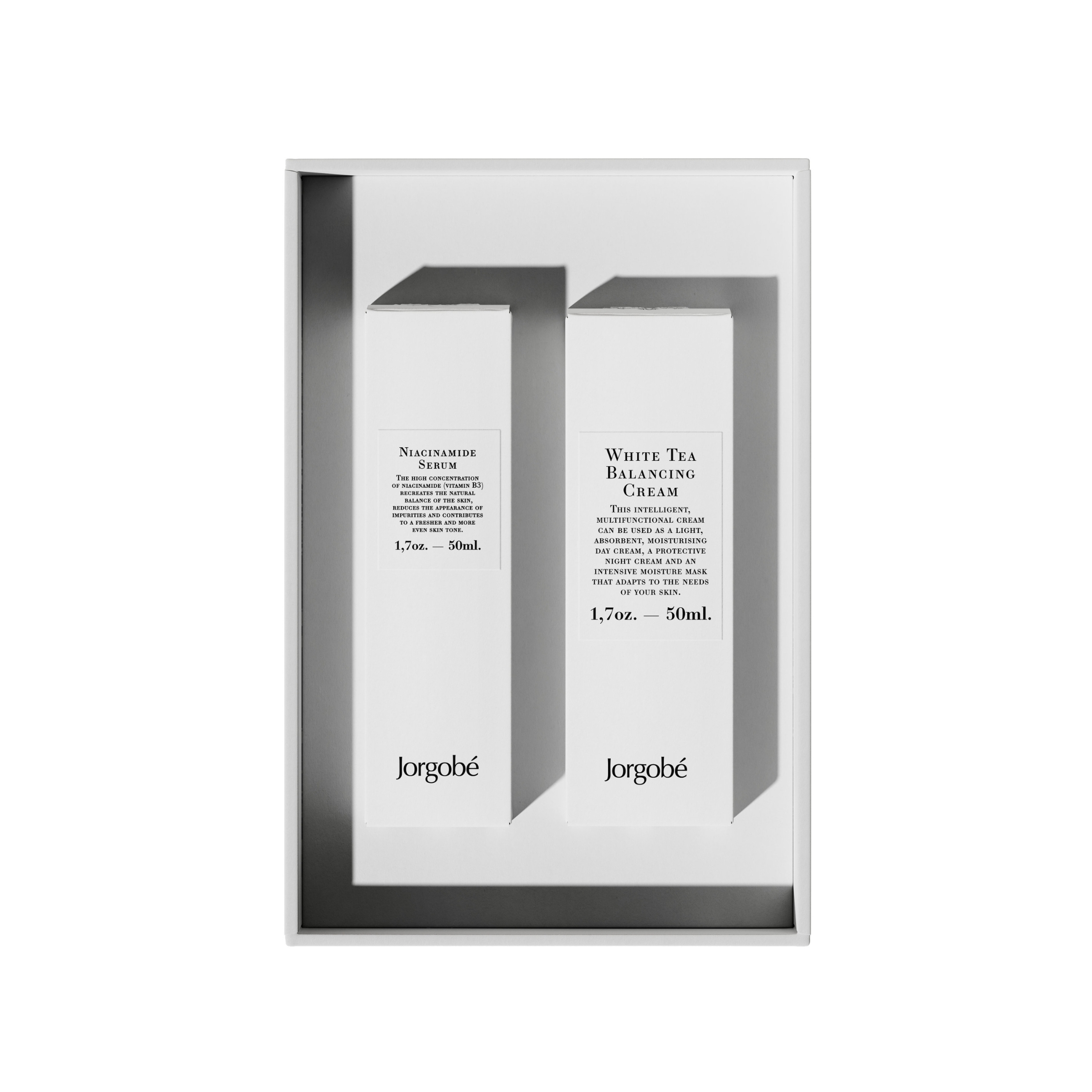 Jorgobé zestaw: nawilżające serum do twarzy z niacynamidem, 50 ml + nawilżająco-normalizujący krem do twarzy z ekstraktem z białej herbaty, 50 ml