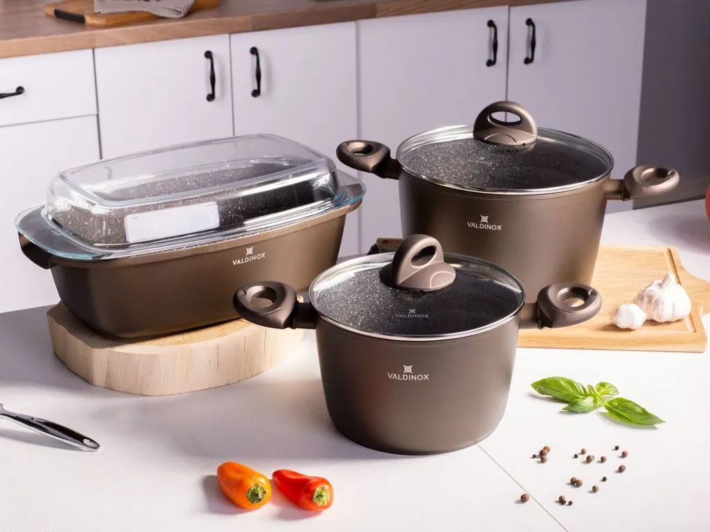 Zestaw 2 garnków na indukcję aluminiowych z pokrywkami i brytfanną Valdinox Aurum