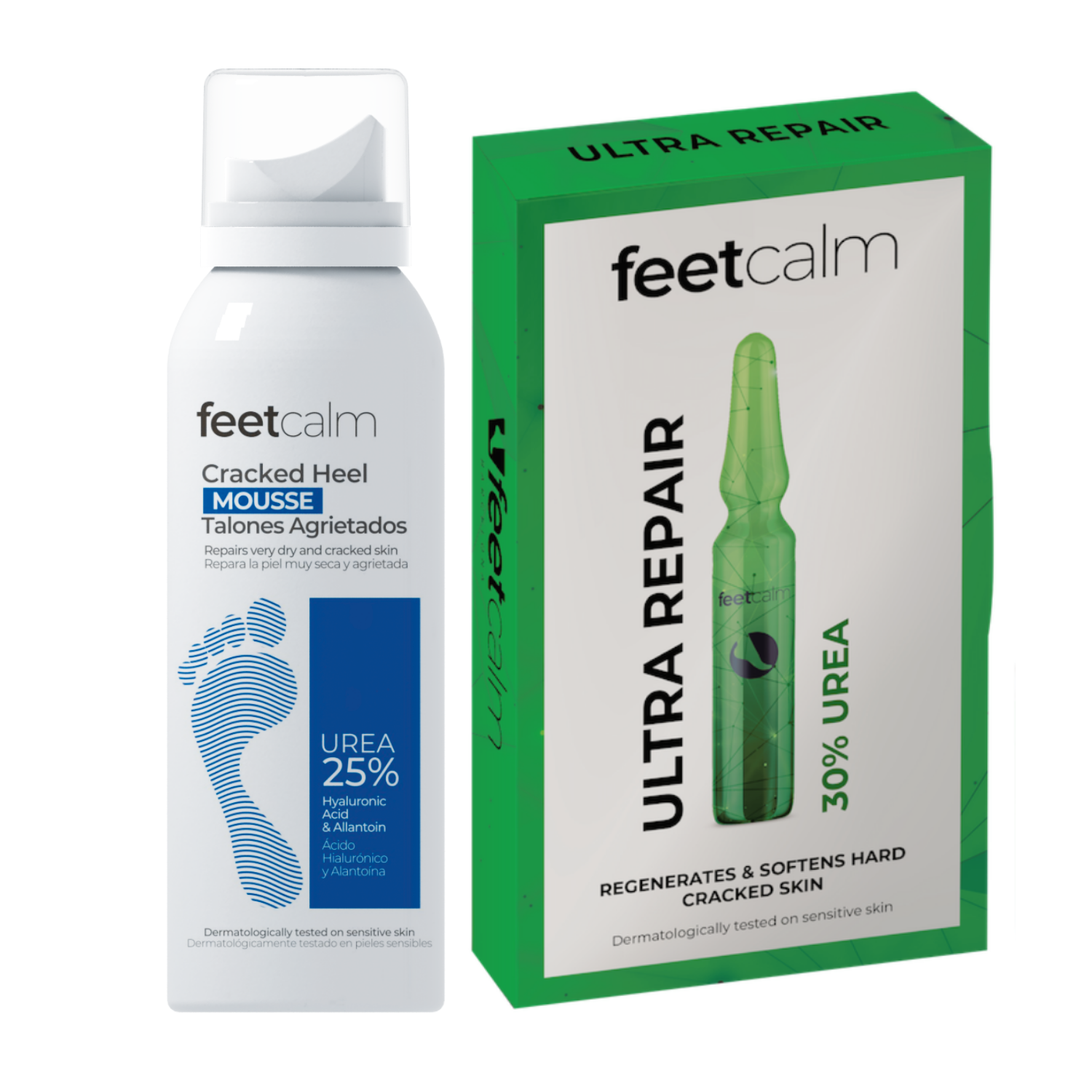 FeetCalm zestaw do pielęgnacji stóp: ampułki regenerujące 30% mocznik, 7x2 ml + pianka regenerująca na popękane pięty 25% mocznik, 75 ml