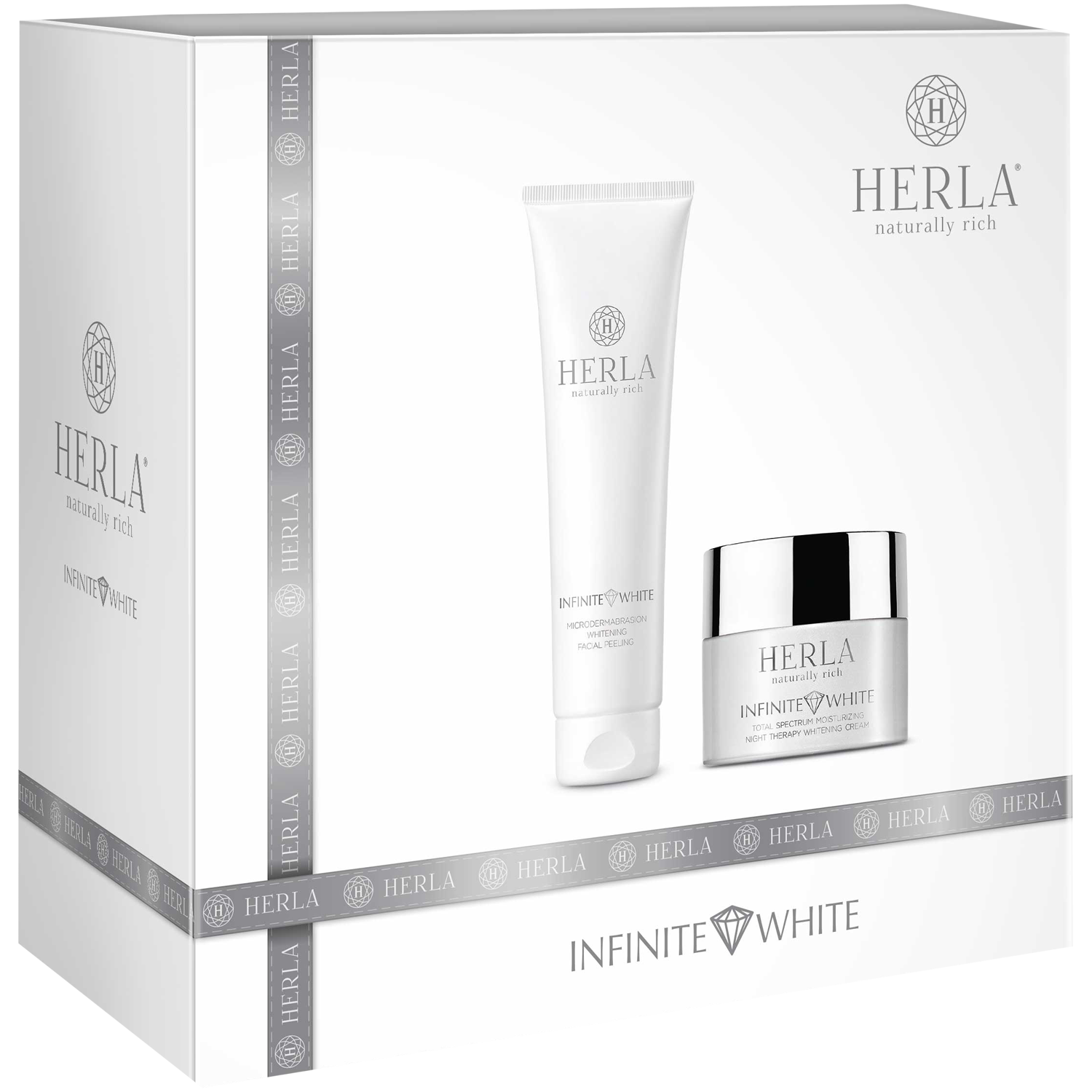 Herla Infinite White zestaw: nawilżający krem na noc do twarzy wybielający przebarwienia, 50 ml + peeling do twarzy, 150 ml