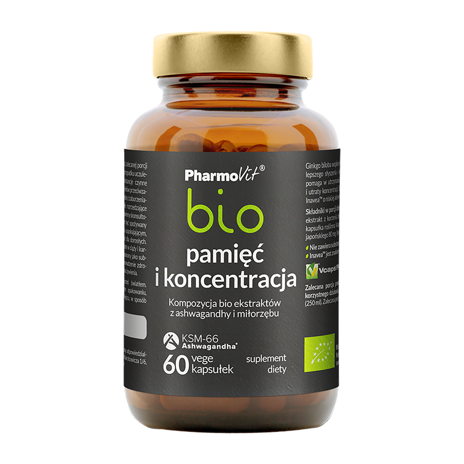 Pharmovit Bio suplement diety odpowiedni dla wegetarian/wegan - Pamięć i koncentracja bio - Kompozycja ekstraktów bio z ashwagandhy i miłorzębu, 60...