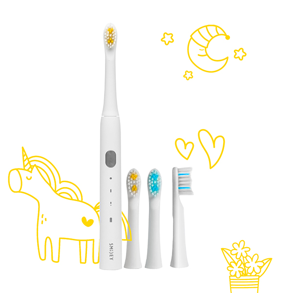 Smiley Light Kids zestaw: szczoteczka soniczna dla dzieci Biała, 1 szt. + końcówki zapasowe, 3 szt.