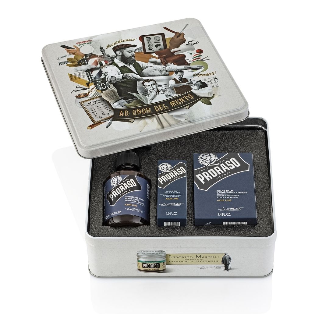 Proraso Metal Box Beard Care Azur Lime zestaw do pielęgnacji brody: szampon, 200 ml + balsam, 100 ml + olejek, 30 ml