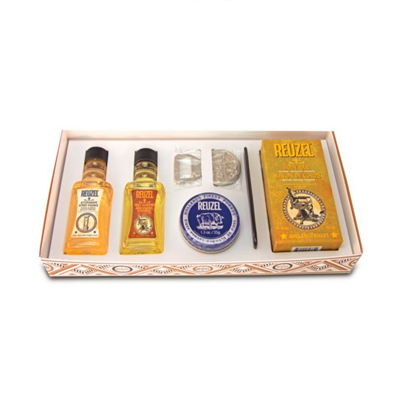 Reuzel Ultimate Groom Box zestaw: szampon, 100 ml + pomada matująca, 35 g + mydło do ciała, 284g + płyn po goleniu, 100 ml + grzebień, 1 szt. + otw...