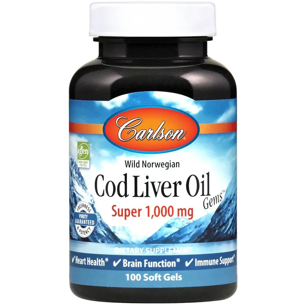 Carlson Labs Wild Norwegian Cod Liver Oil suplement diety, 1000mg, 100 kaps./1 opak.