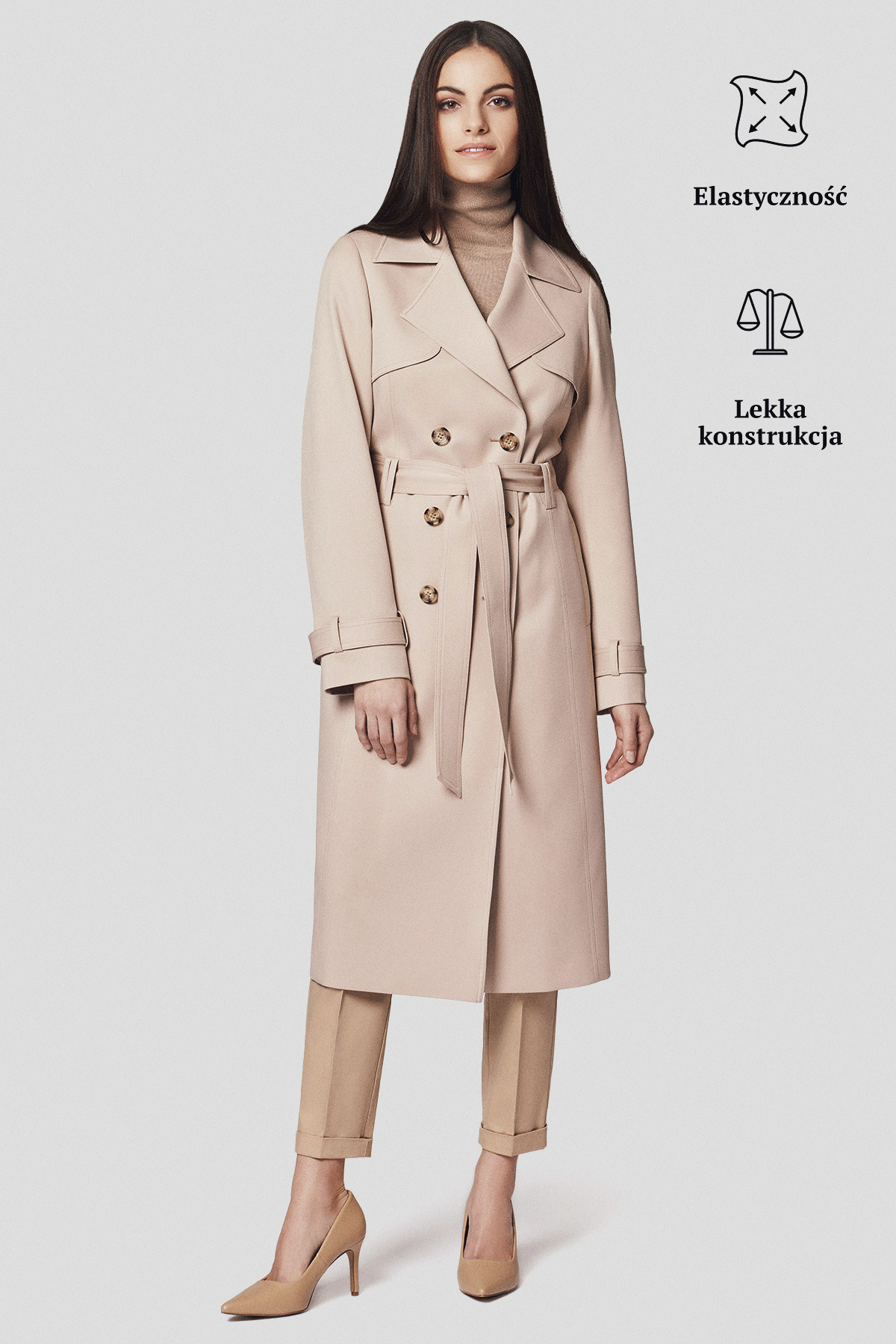Lancerto Płaszcz Beżowy Damski Dwurzędowy z Paskiem Twila