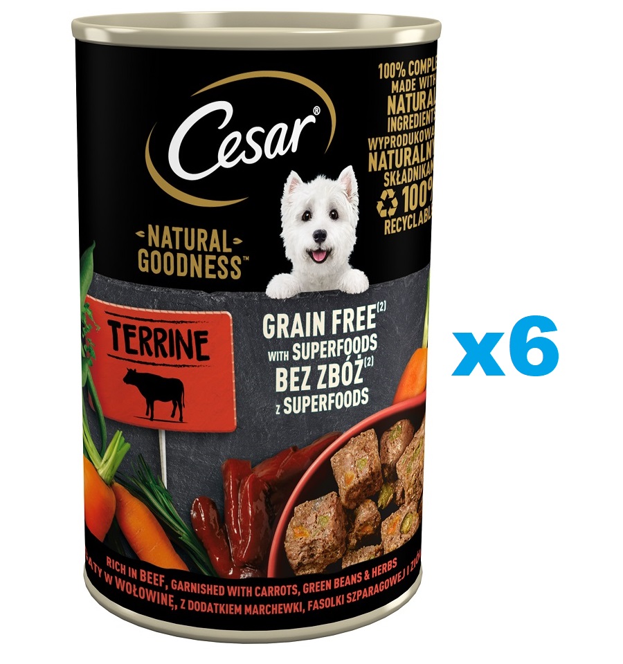 CESAR Natural Goodness w terynie 6x400 g bogata w wołowinę z dodatkiem marchewki, fasolki szparagowej i ziół