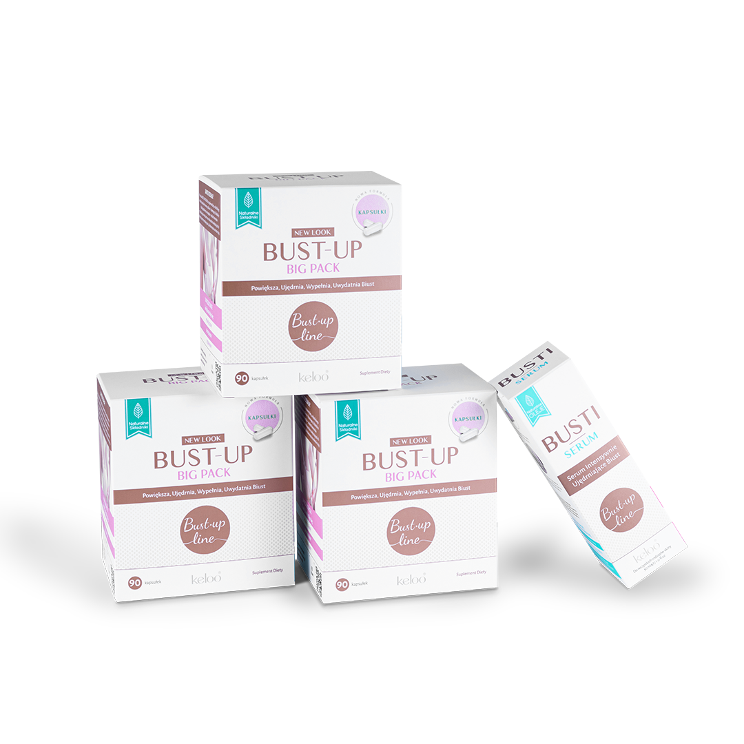 Keloo New look Bust Up zestaw: suplement powiększający piersi, 4x90 kaps. + serum ujędrniające biust, 3x30 ml