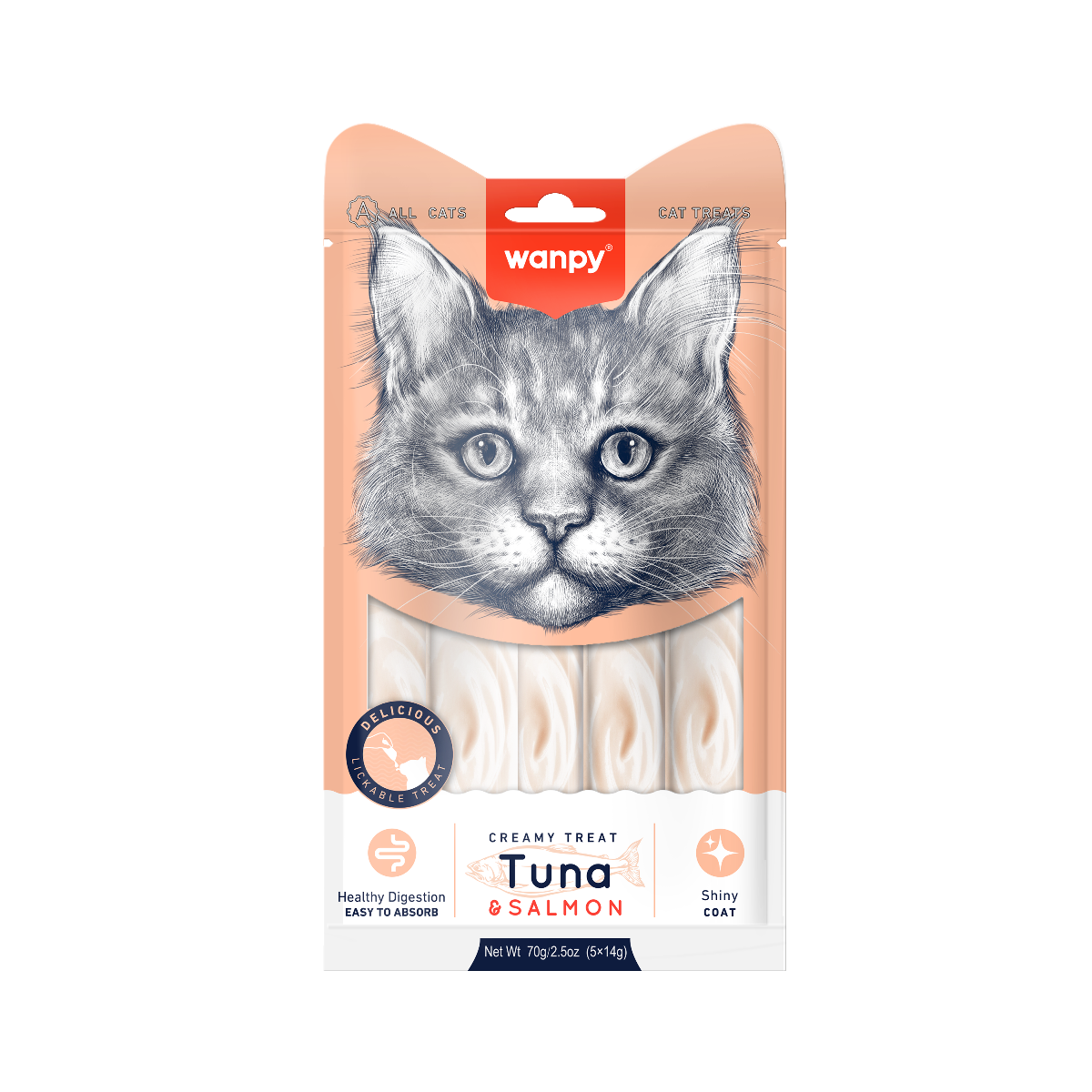Wanpy Tuna & Salmon Creamy Treat kremowy przysmak do lizania o smaku tuńczyka i łososia dla kotów, 5 x 14 g