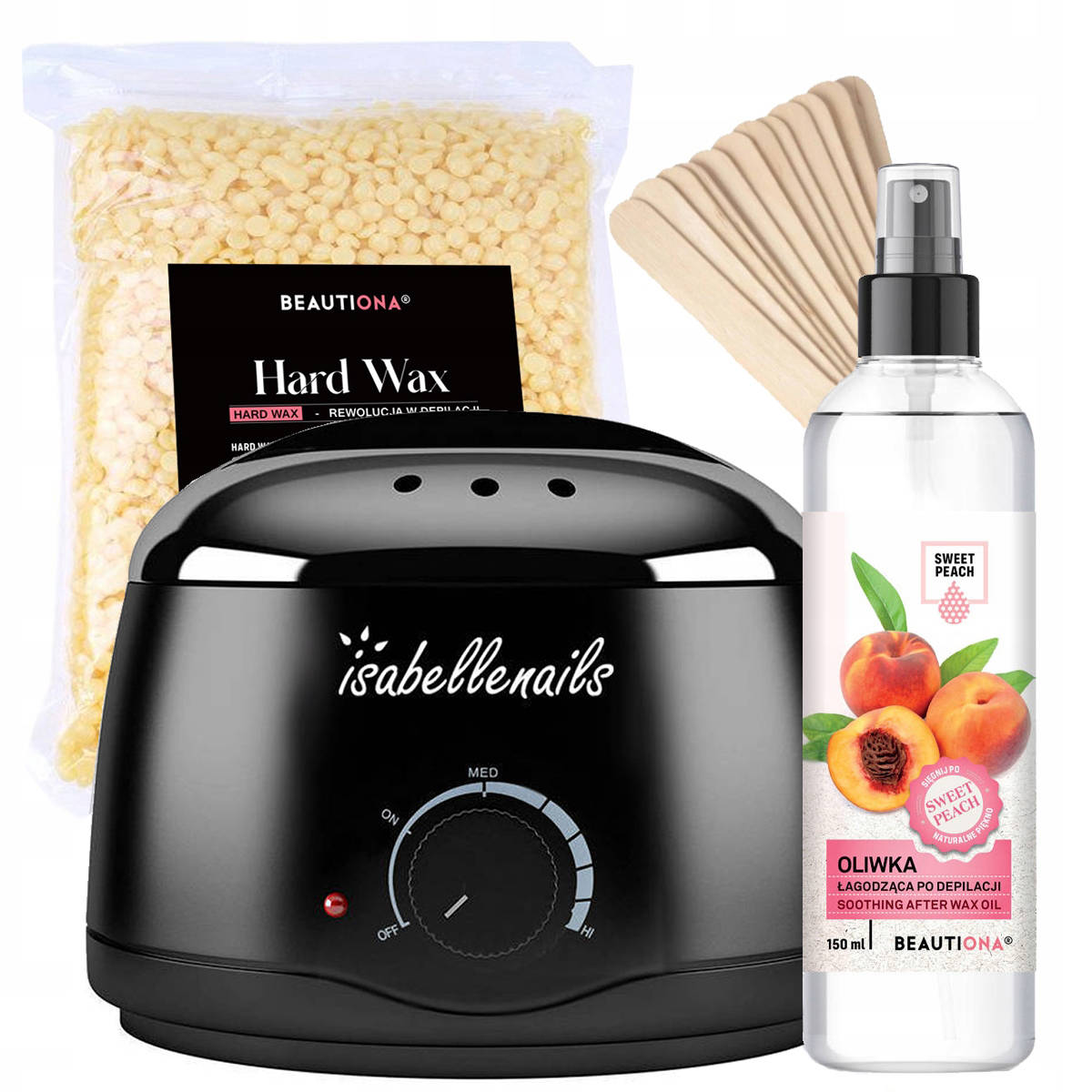 Beautiona zestaw do depilacji: podgrzewacz do wosku, 1 szt. + wosk twardy w dropsach, 1000 g + oliwka, 150 ml + drewniana szpatułka, 10 szt.