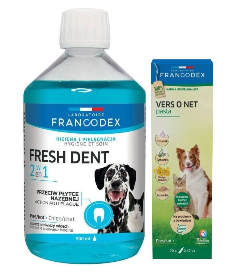 FRANCODEX Fresh Dent Płyn do higieny jamy ustnej 500ml + Pasta na problemy trawienne dla kotów i psów 70g GRATIS