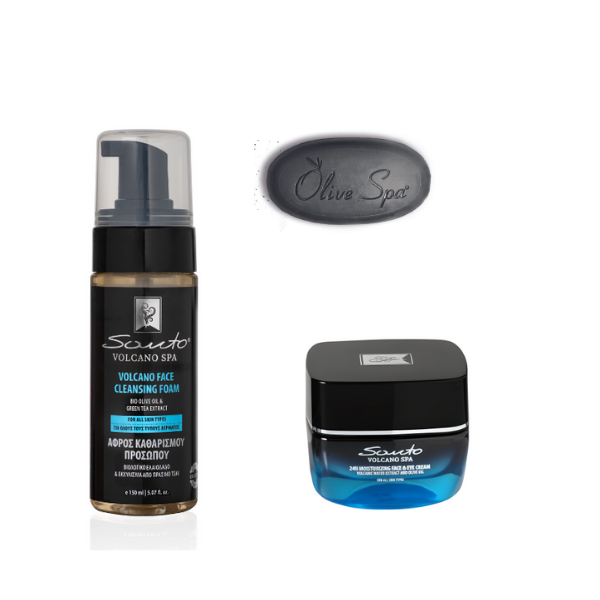 Santo Volcano Spa zestaw do twarzy dla niej: nawilżający krem, 50 ml + pianka oczyszczająca, 150 ml + czarne mini mydło do twarzy i ciała, 25 g