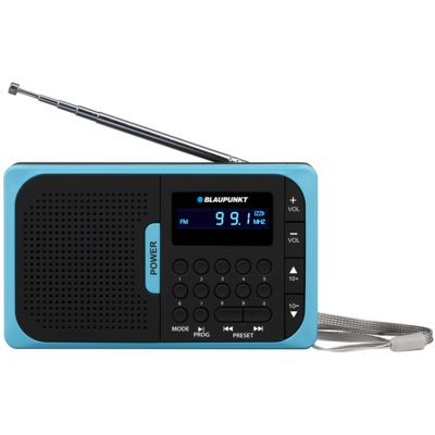 Radio BLAUPUNKT PR5 BL Czarno-Niebieskie, Tuner FM z pamięcią, Wyjście Mini-jack, Micro SD, Wyświetlacz LCD, Zasilanie Bateryjne