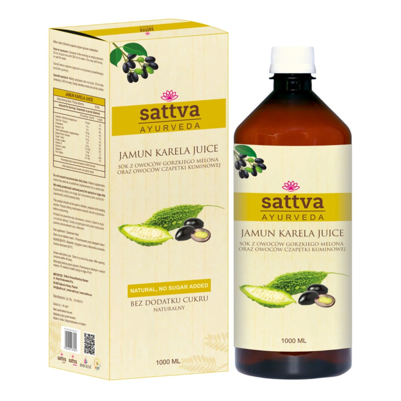 Sattva Ayurveda sok z owoców gorzkiego melona oraz owoców czapetki kuminowej, 1000 ml