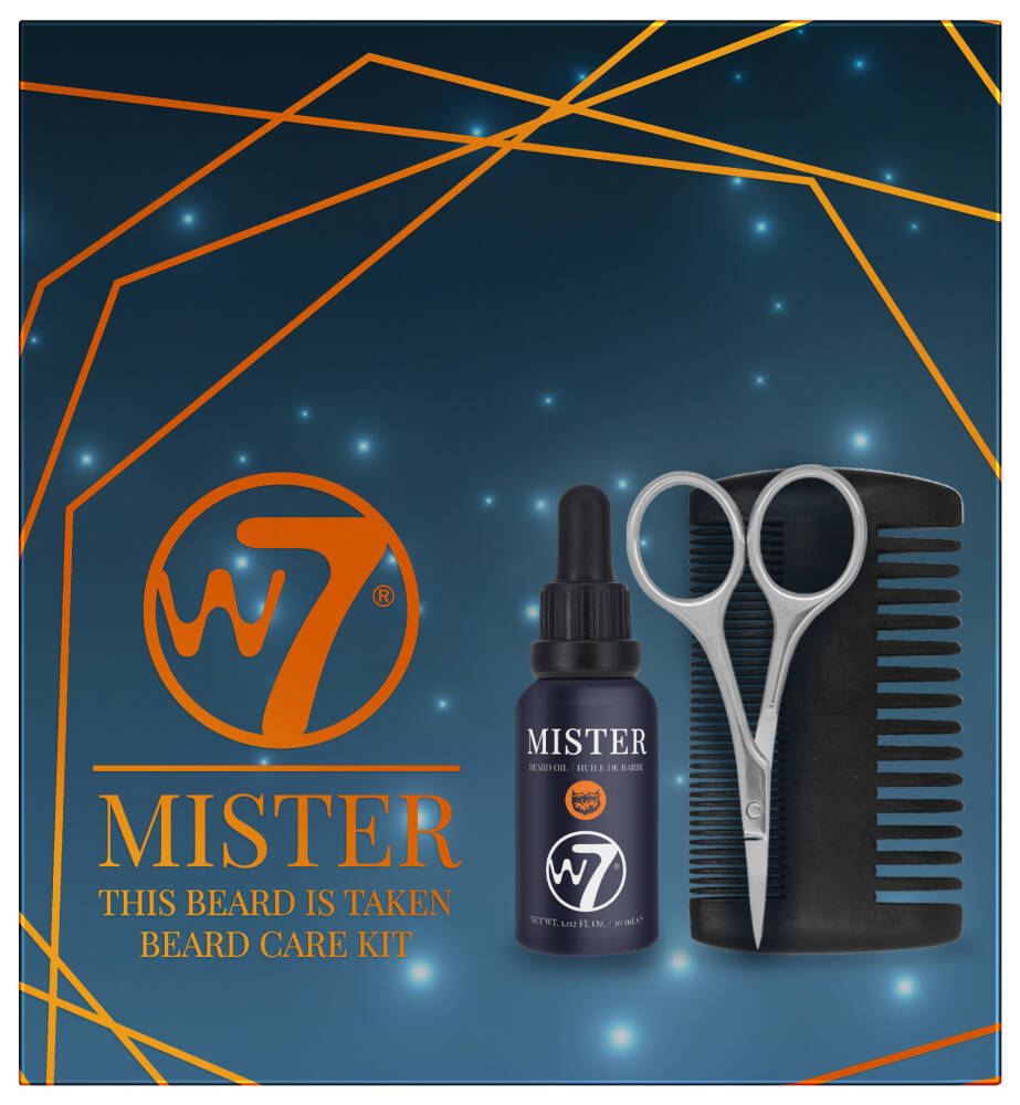 W7 Mister Beard zestaw: olejek pielęgnujący do brody, 30 ml + nożyczki do przycinania, 1 szt. + dwustronny grzebień, 1 szt.