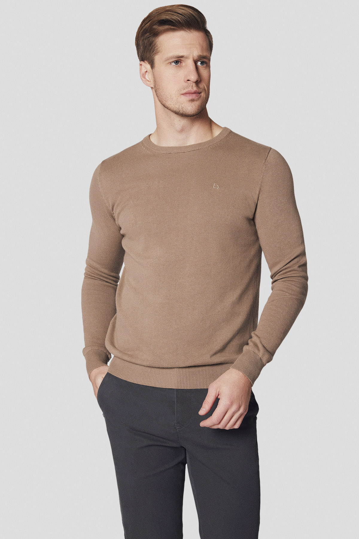 Lancerto Sweter Ciemnobeżowy z Bawełną Gładki Morey