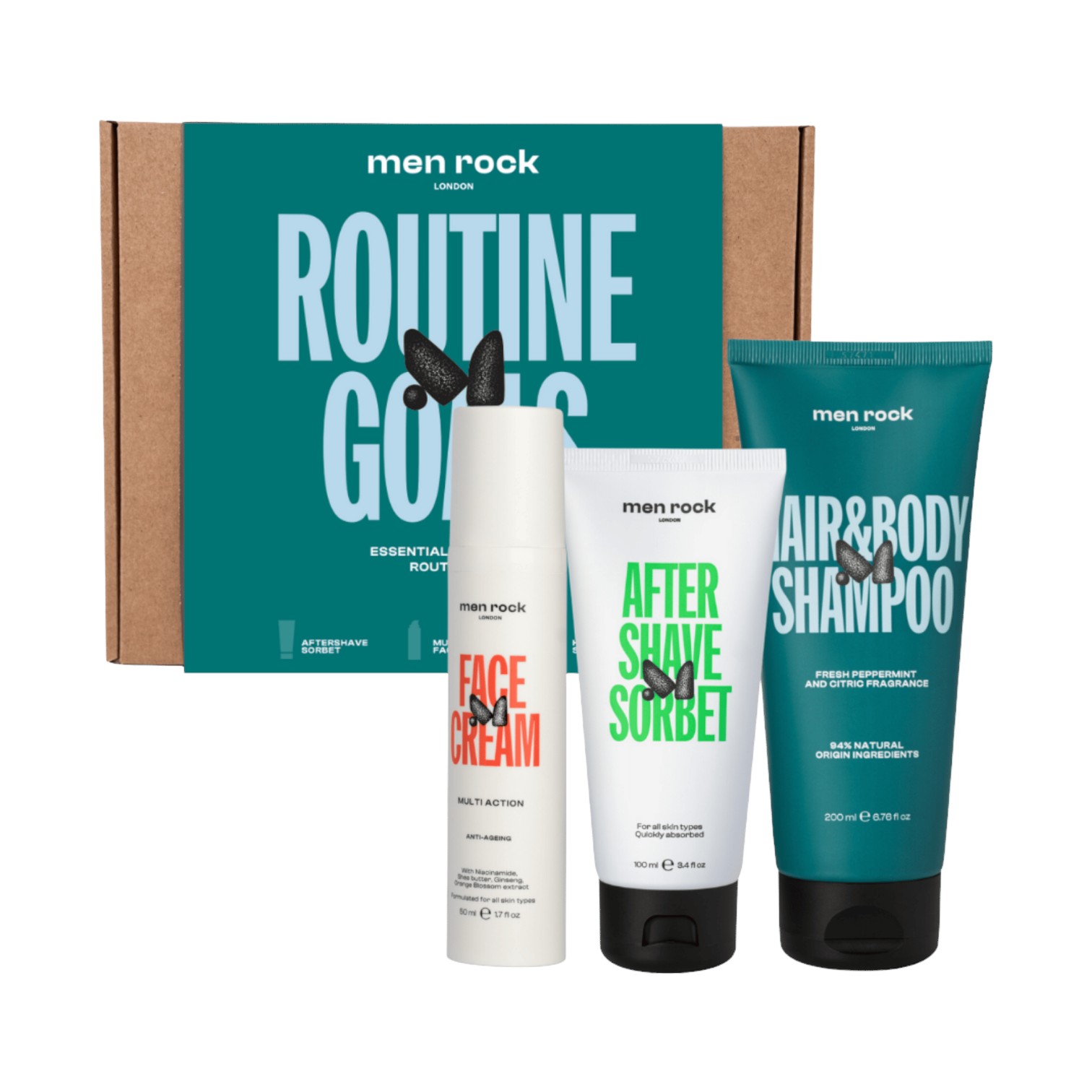Men Rock ROUTINE GOALS ESSENTIAL zestaw: sorbet po goleniu, 100 ml + krem do twarzy, 50 ml + szampon do włosów i ciała, 200 ml