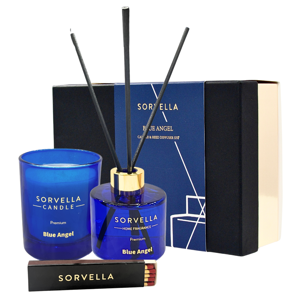 Sorvella Perfume Blue Angel zestaw: świeca zapachowa, 170 g + dyfuzor zapachowy, 120 ml + zapałki, 1 opak.