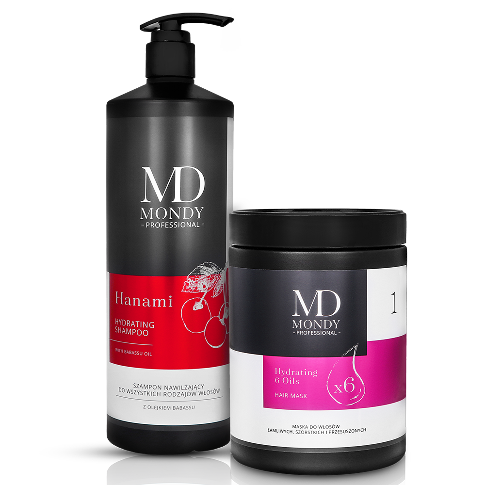 Mondy zestaw: szampon oczyszczający Hanami, 100 ml + maska do włosów Hydrating 6 Oils, 1000 ml