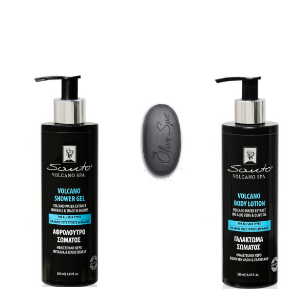 Santo Volcano Spa zestaw do pielęgnacji ciała: żel pod prysznic, 250 ml + nawilżający balsam, 250 ml + czarne mini mydło do twarzy i ciała, 25 g
