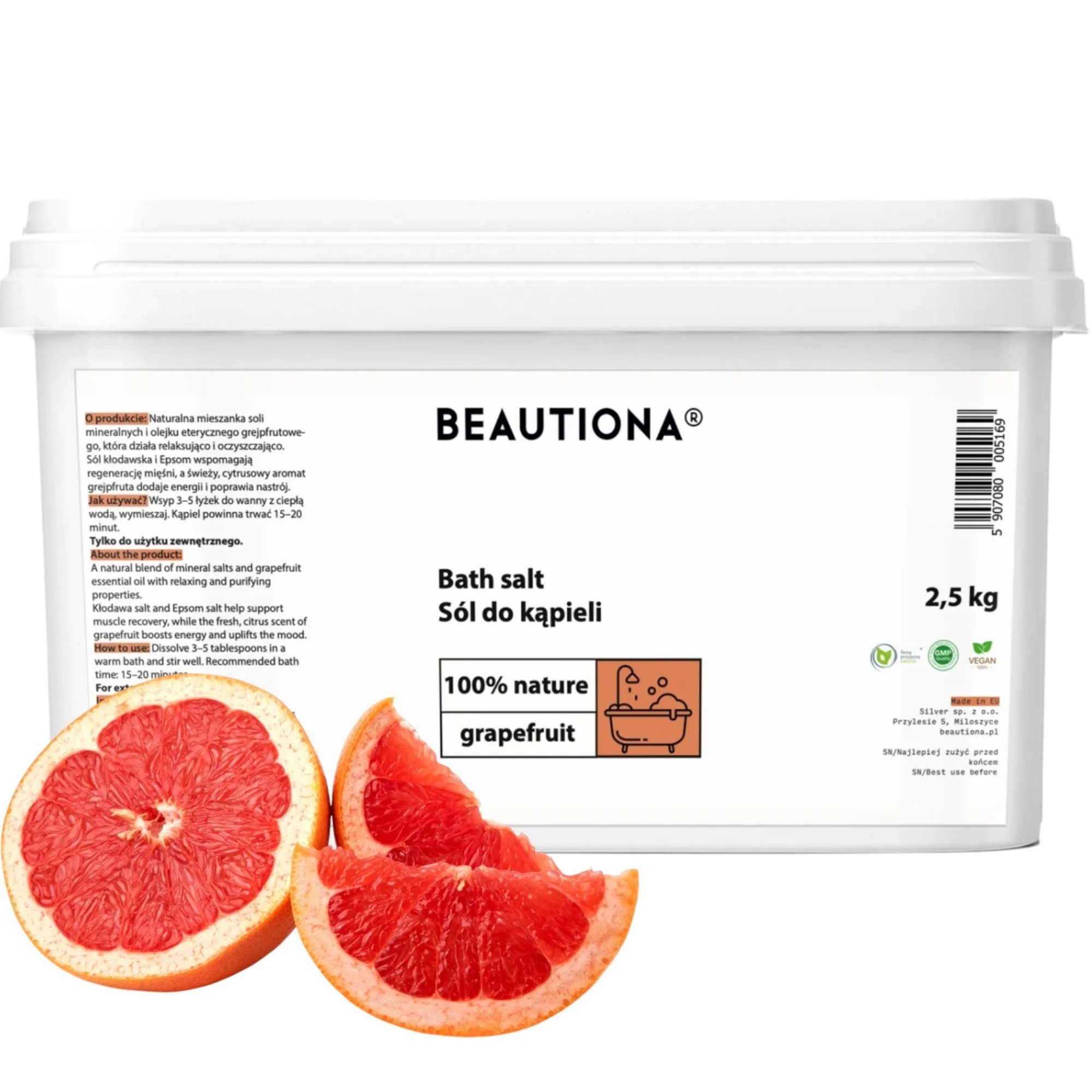Beautiona sól do kąpieli grejpfrutowa z solą Epsom, 2,5 kg