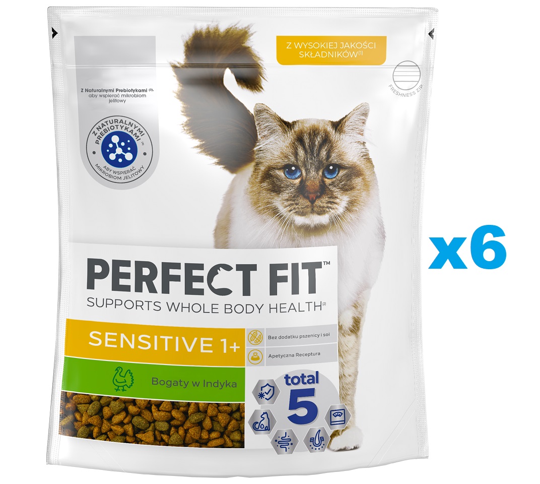 PERFECT FIT Sensitive 1+ 6x750 g sucha karma pełnoporcjowa dla dorosłych kotów bogata w indyka