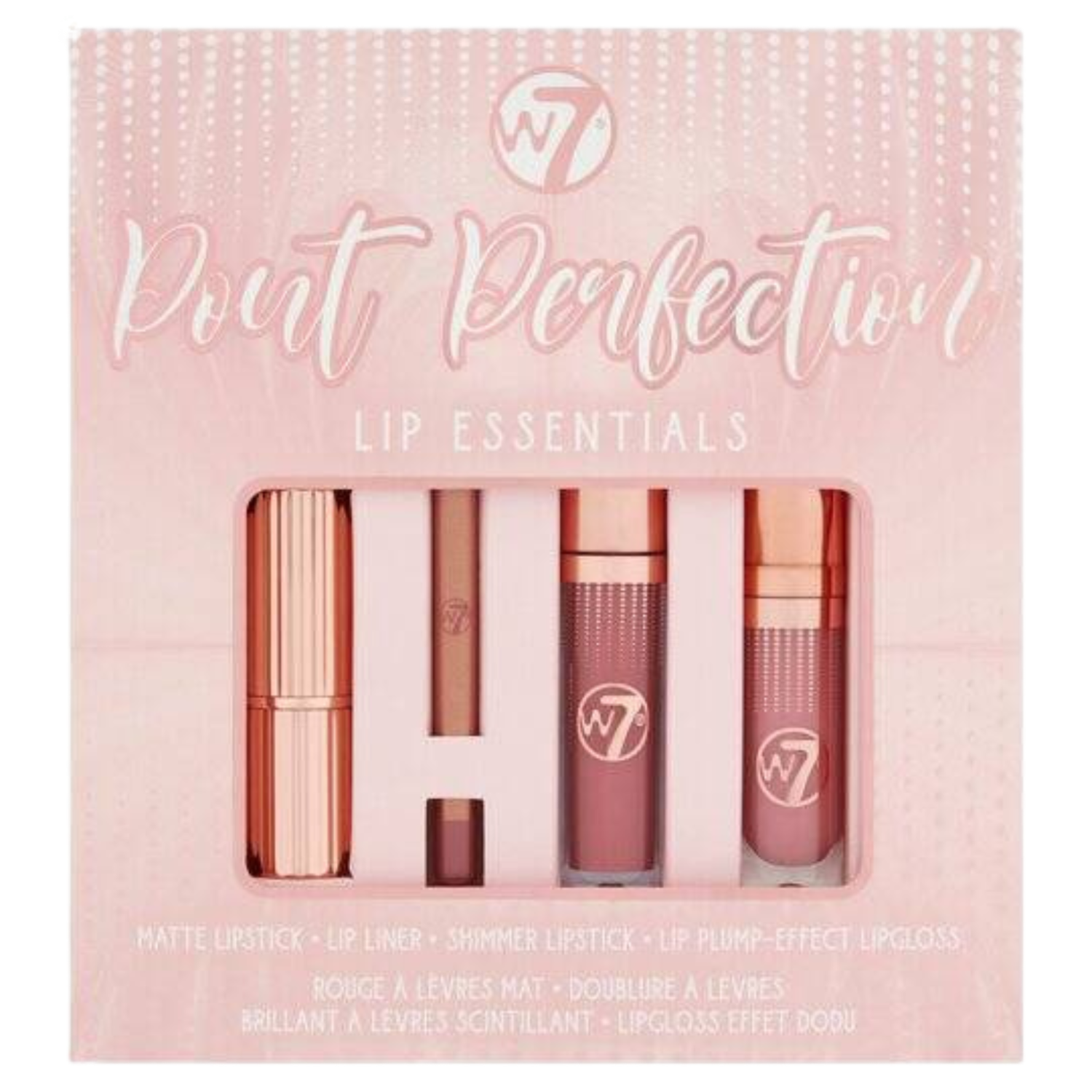 W7 Pout Perfection zestaw: konturówka, 1 szt. + matowa pomadka, 1 szt. + pomadka z połyskiem, 1 szt. + błyszczyk, 1 szt.