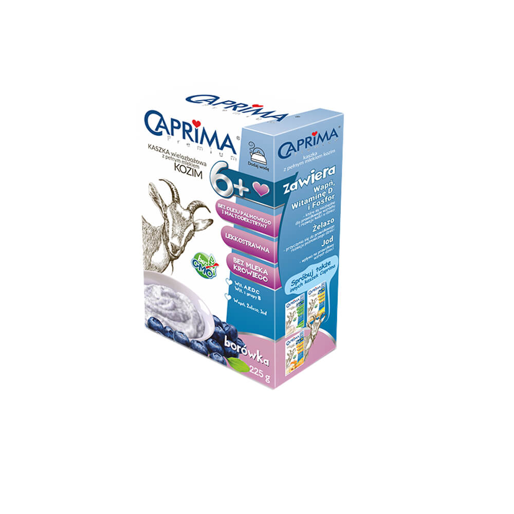_Caprima Premium, kaszka wielozbożowa, borówkowa z pełnym mlekiem kozim, 225 g