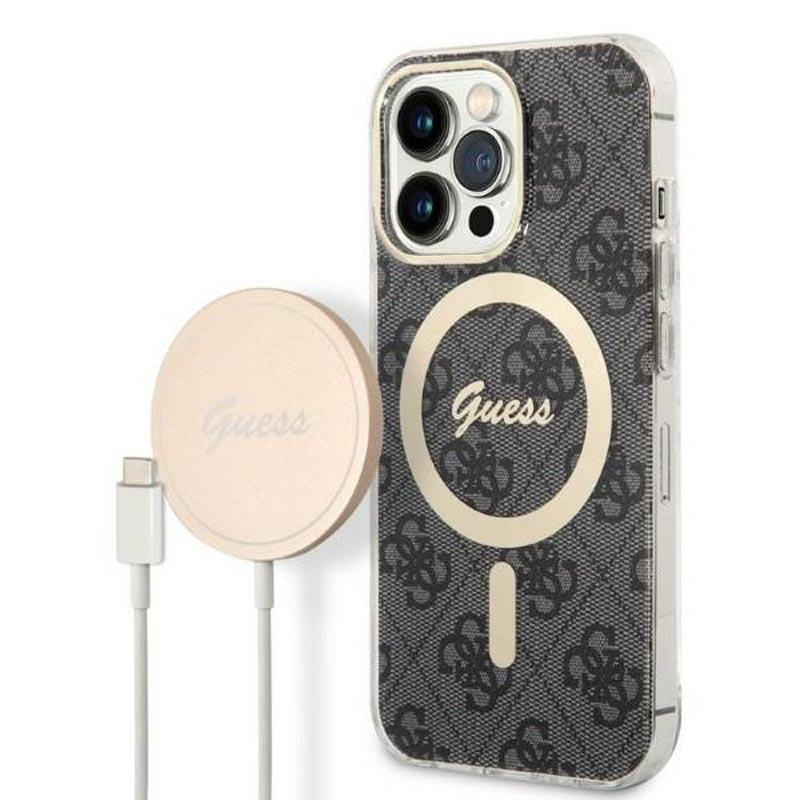 Guess Zestaw Etui Magsafe + Charger 4G Gold Black - zestaw etui iPhone 14 i ładowarka