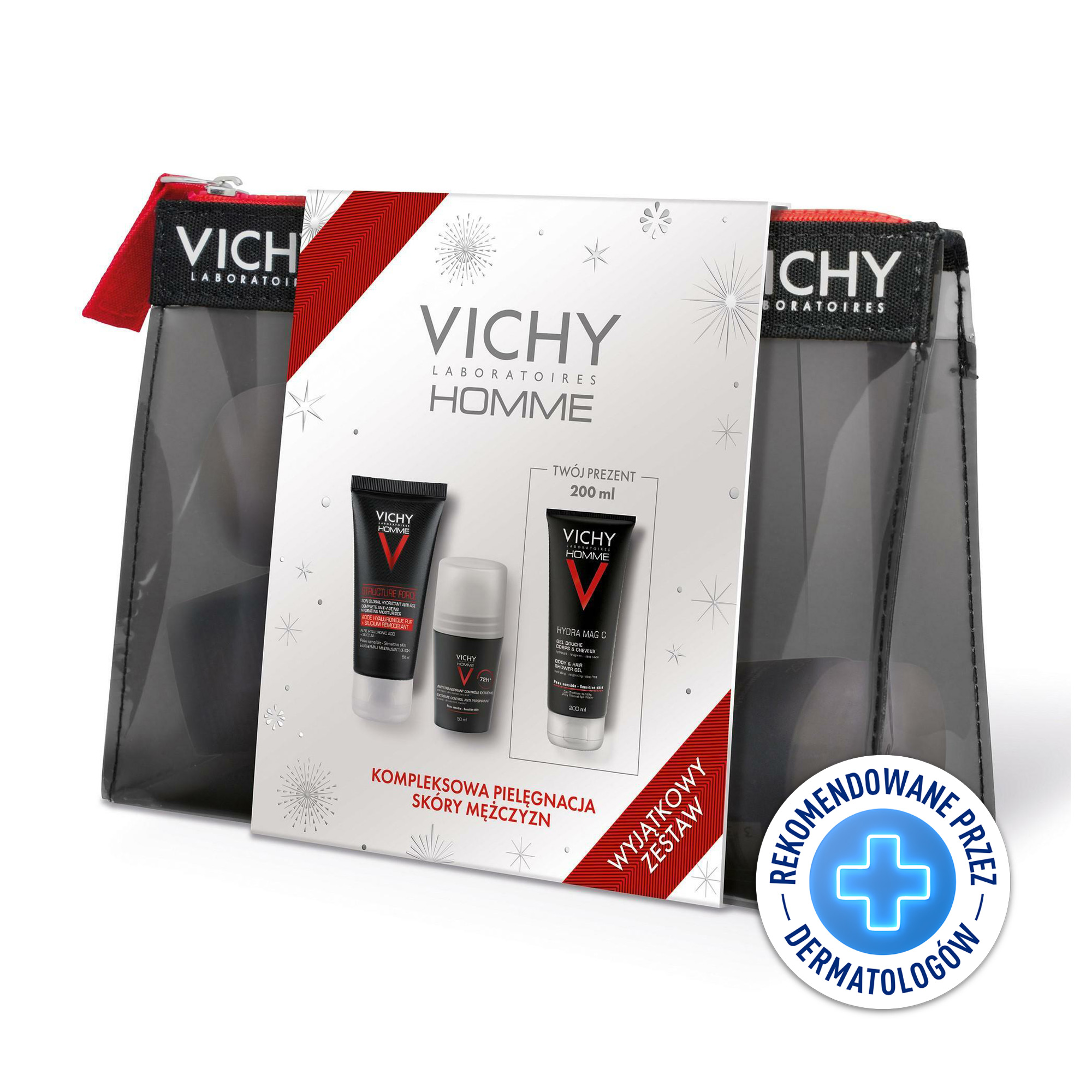 Vichy Homme zestaw: wzmacniający krem do twarzy, 50 ml + antyperspirant w kulce, 50 ml + żel pod prysznic, 200 ml