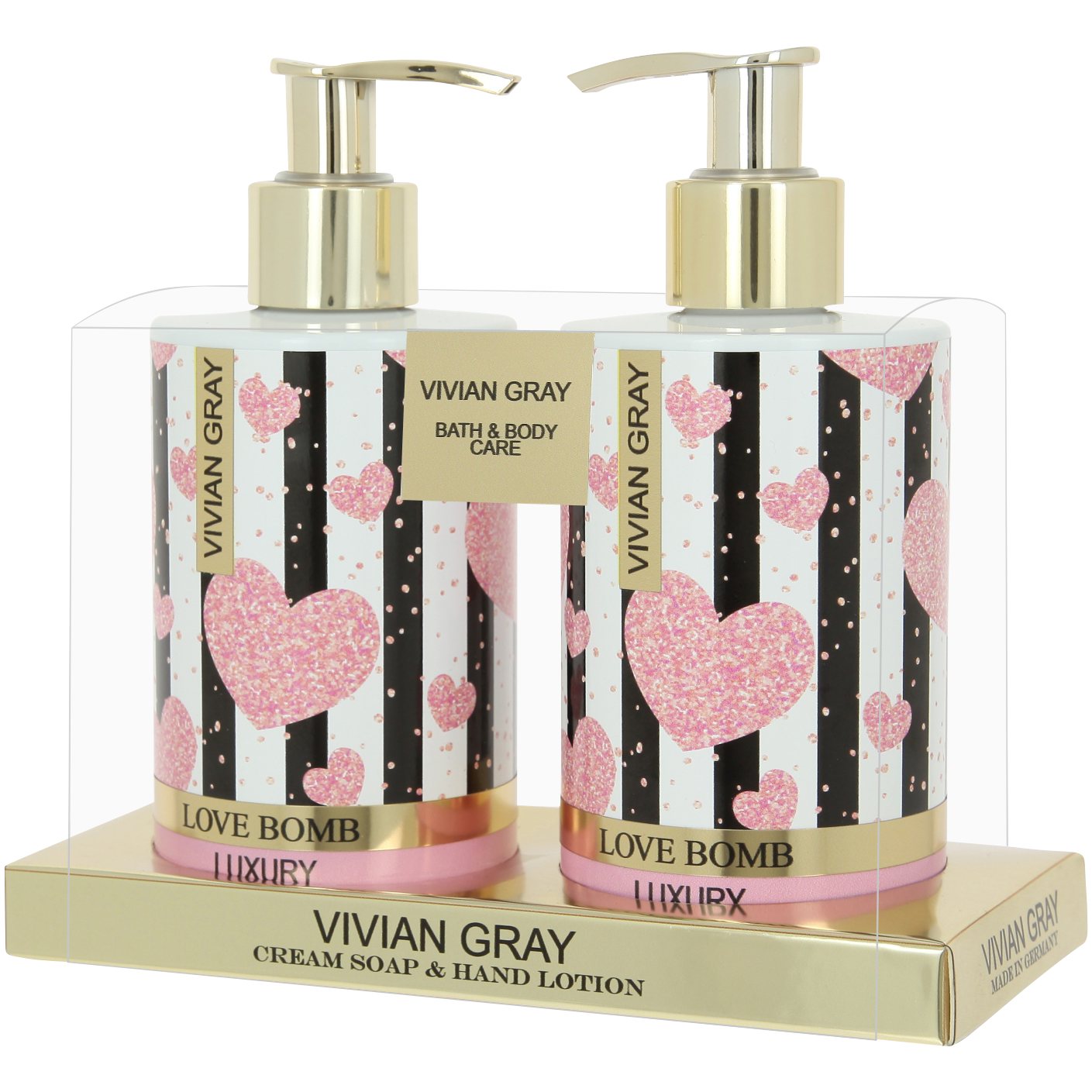 Vivian Gray Love Bomb zestaw: mydło do mycia rąk, 250 ml + balsam do rąk, 250 ml